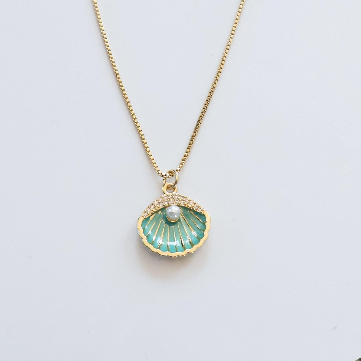 Teal Seashell Pearl Necklace | Chain Necklace with Charm