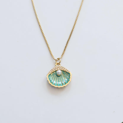 Teal Seashell Pearl Necklace | Chain Necklace with Charm