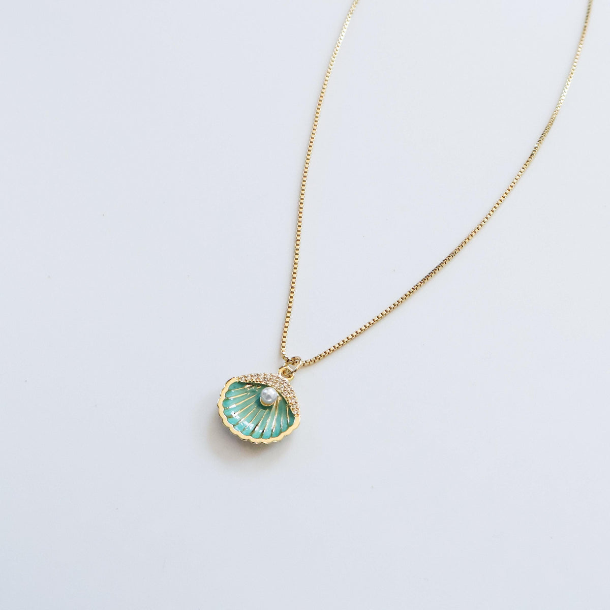 Teal Seashell Pearl Necklace | Chain Necklace with Charm