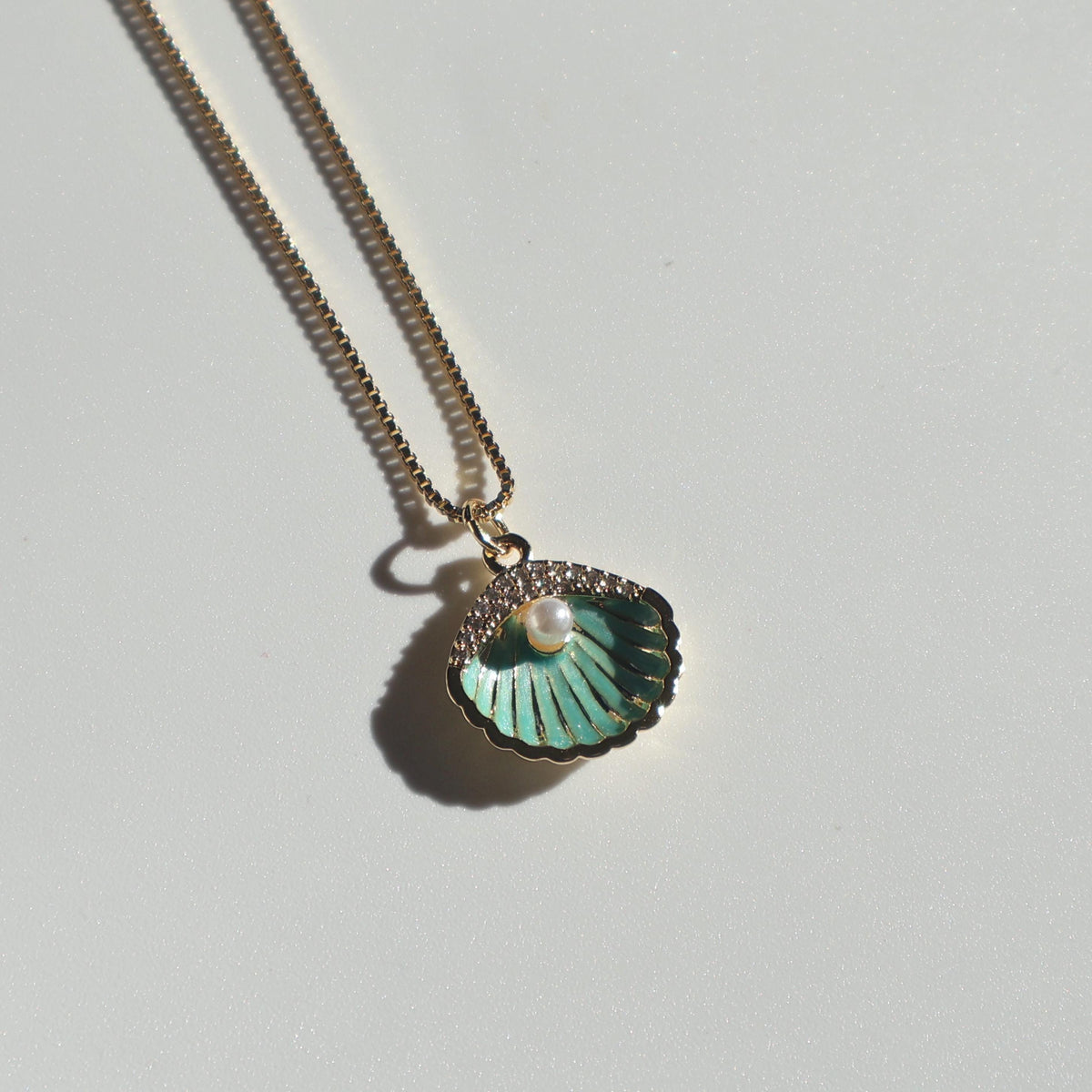 Teal Seashell Pearl Necklace | Chain Necklace with Charm