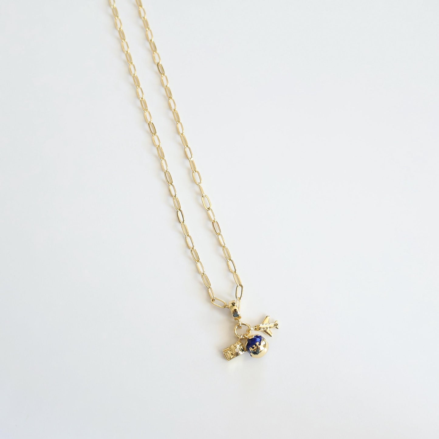 Travel the World Necklace | Paperclip Chain Necklace with Travel Charms | Camera, Glove and Plane charm