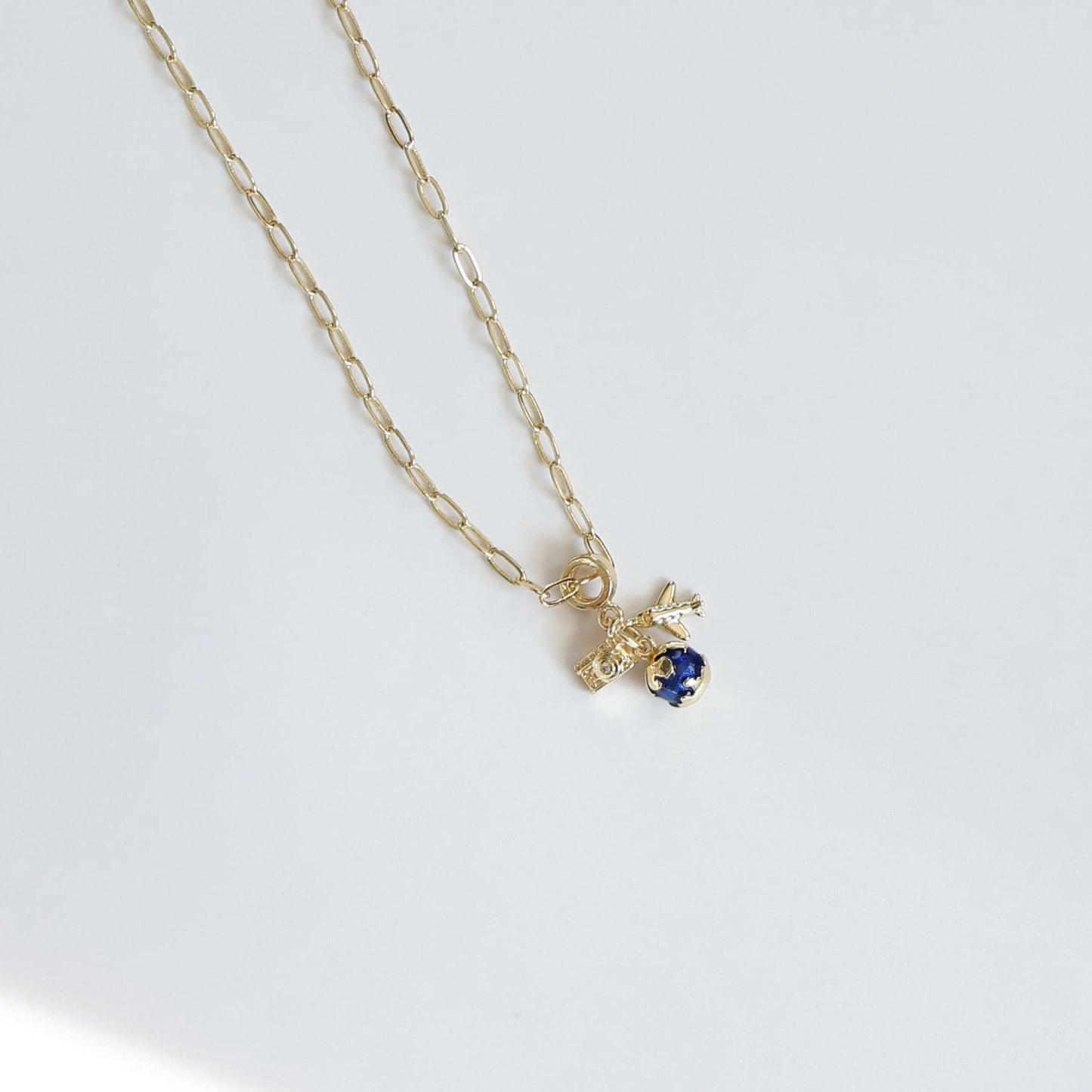 Travel the World Necklace | Paperclip Chain Necklace with Travel Charms | Camera, Glove and Plane charm