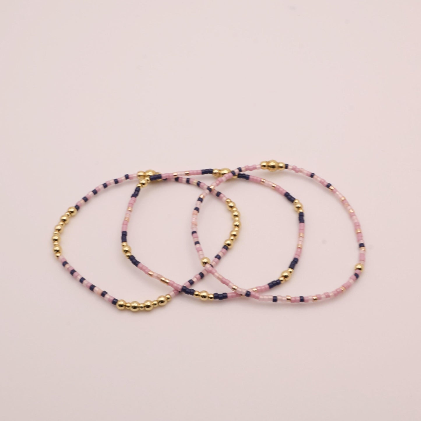 Pink & Navy Beaded 3 Piece Stack| 18k Gold Filled Navy and Dusty Pink Seed Bead Bracelet Stack| Tiny Bead Bracelet