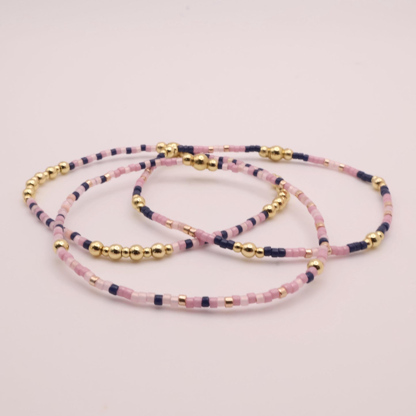 Pink & Navy Beaded 3 Piece Stack| 18k Gold Filled Navy and Dusty Pink Seed Bead Bracelet Stack| Tiny Bead Bracelet