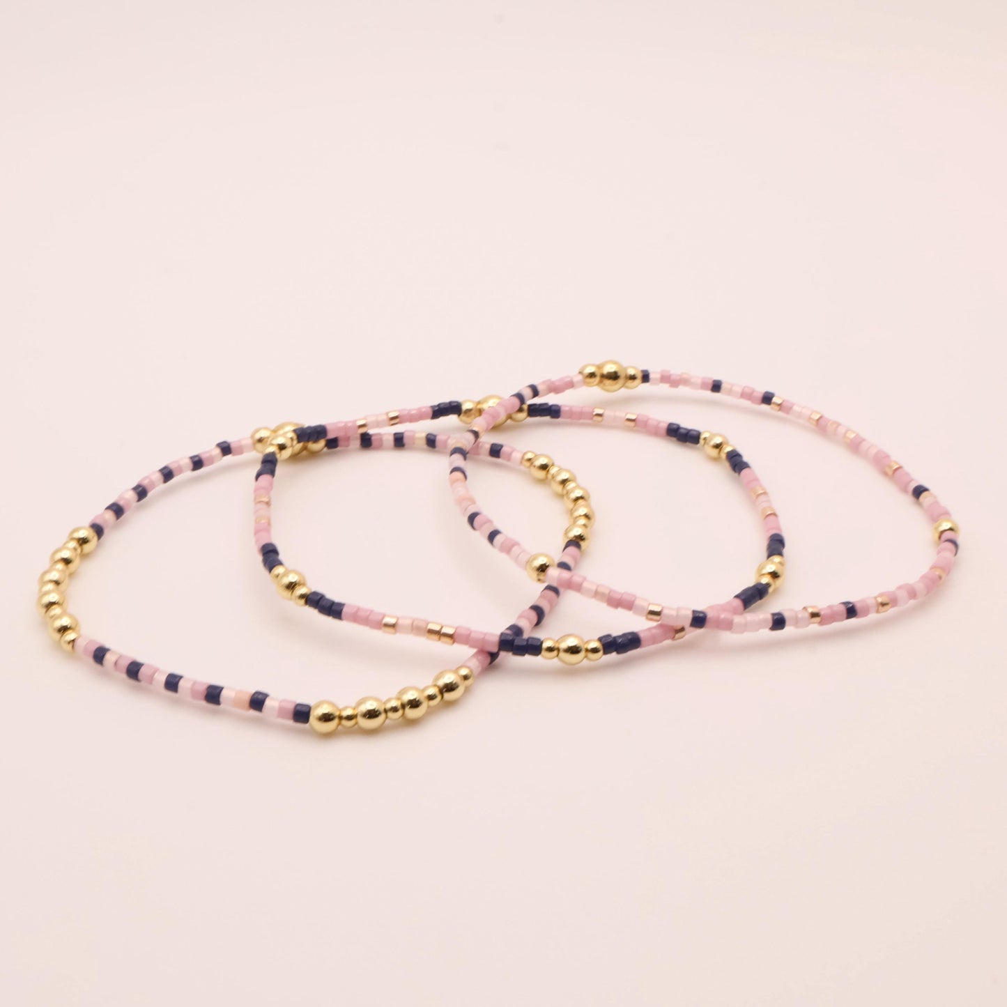 Pink & Navy Beaded 3 Piece Stack| 18k Gold Filled Navy and Dusty Pink Seed Bead Bracelet Stack| Tiny Bead Bracelet