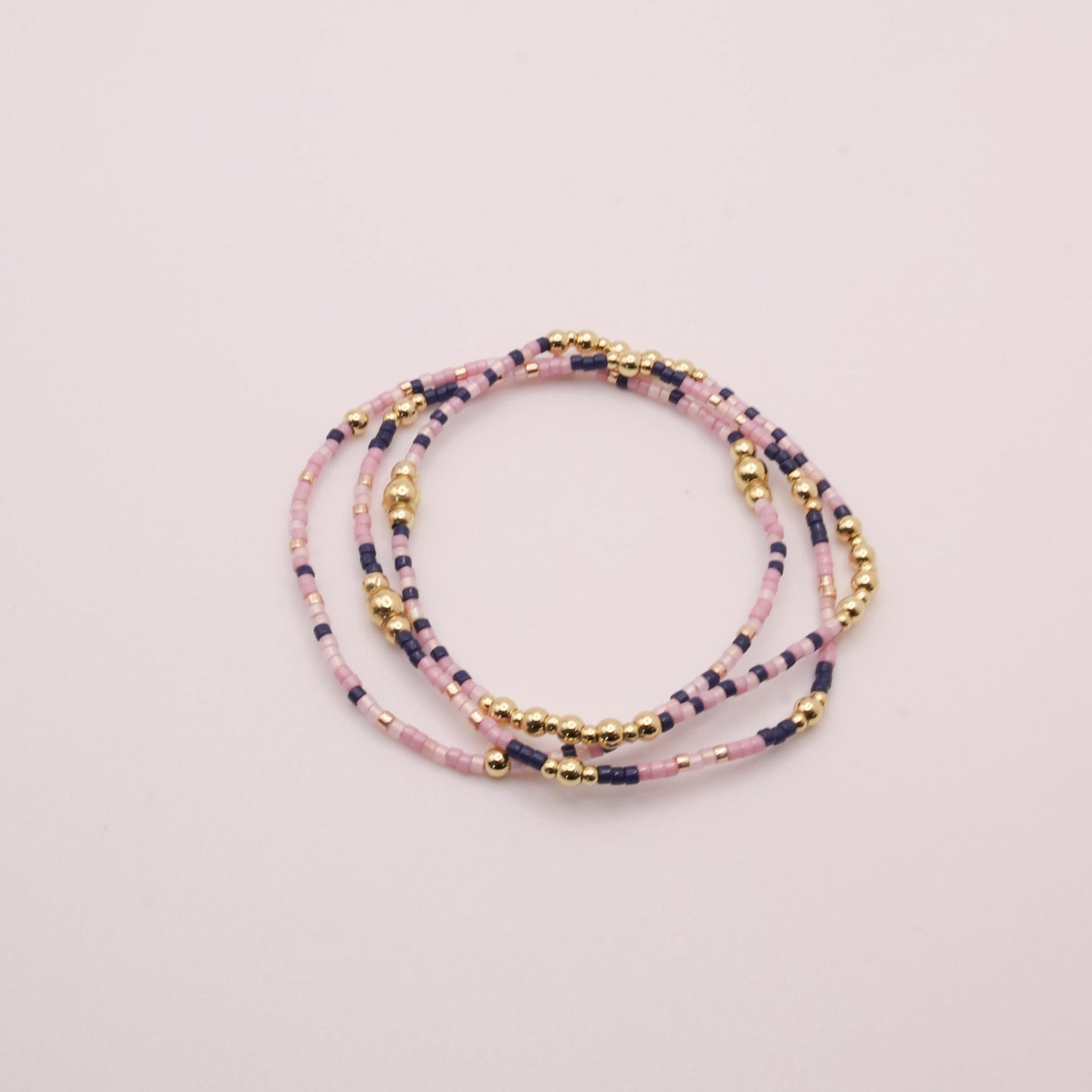 Pink & Navy Beaded 3 Piece Stack| 18k Gold Filled Navy and Dusty Pink Seed Bead Bracelet Stack| Tiny Bead Bracelet