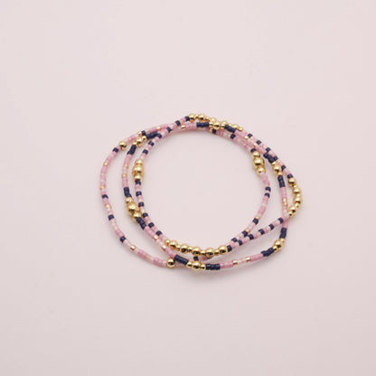 Pink & Navy Beaded 3 Piece Stack| 18k Gold Filled Navy and Dusty Pink Seed Bead Bracelet Stack| Tiny Bead Bracelet