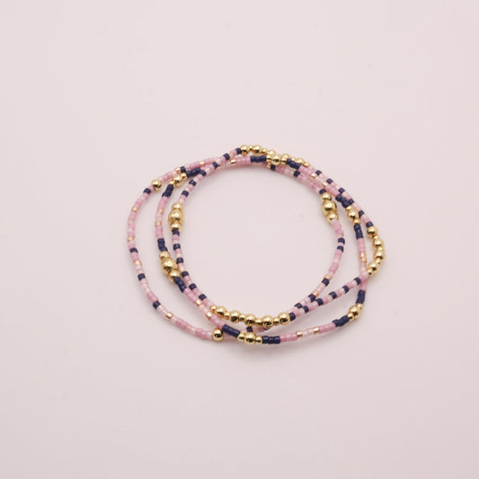 Pink & Navy Beaded 3 Piece Stack| 18k Gold Filled Navy and Dusty Pink Seed Bead Bracelet Stack| Tiny Bead Bracelet