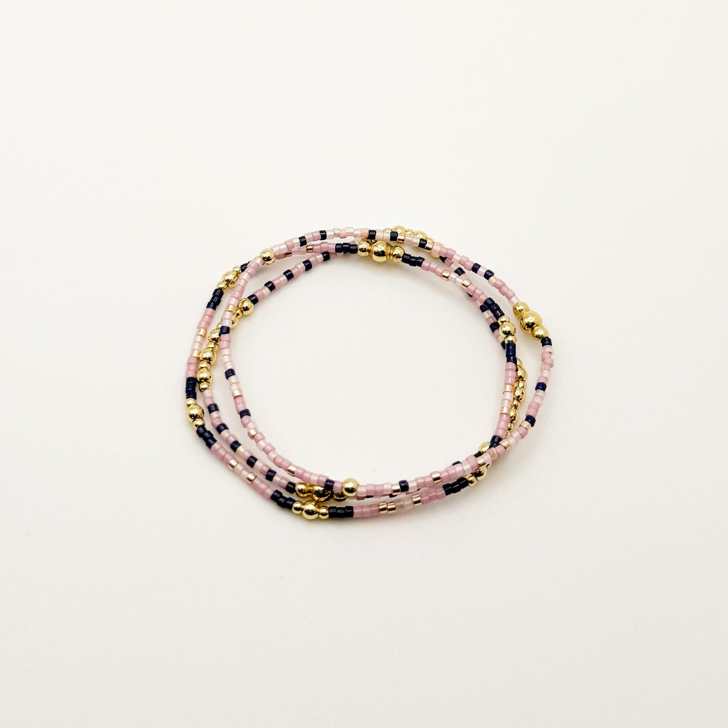 Pink & Navy Beaded 3 Piece Stack| 18k Gold Filled Navy and Dusty Pink Seed Bead Bracelet Stack| Tiny Bead Bracelet