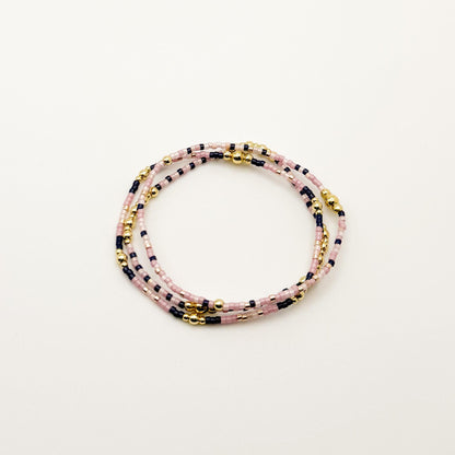Pink & Navy Beaded 3 Piece Stack| 18k Gold Filled Navy and Dusty Pink Seed Bead Bracelet Stack| Tiny Bead Bracelet