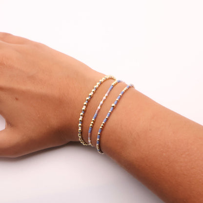 Denim & White Beaded 3 Piece Stack| 18k Gold Filled Blue and White Pink Seed Bead Bracelet Stack| Tiny Bead Bracelet