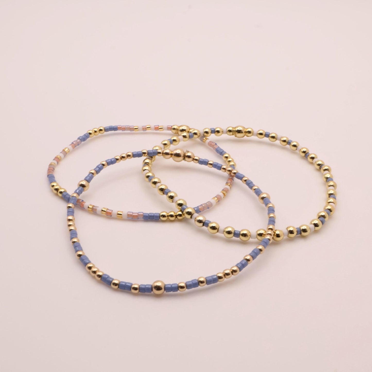 Denim & White Beaded 3 Piece Stack| 18k Gold Filled Blue and White Pink Seed Bead Bracelet Stack| Tiny Bead Bracelet