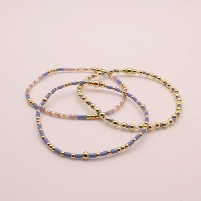 Denim & White Beaded 3 Piece Stack| 18k Gold Filled Blue and White Pink Seed Bead Bracelet Stack| Tiny Bead Bracelet
