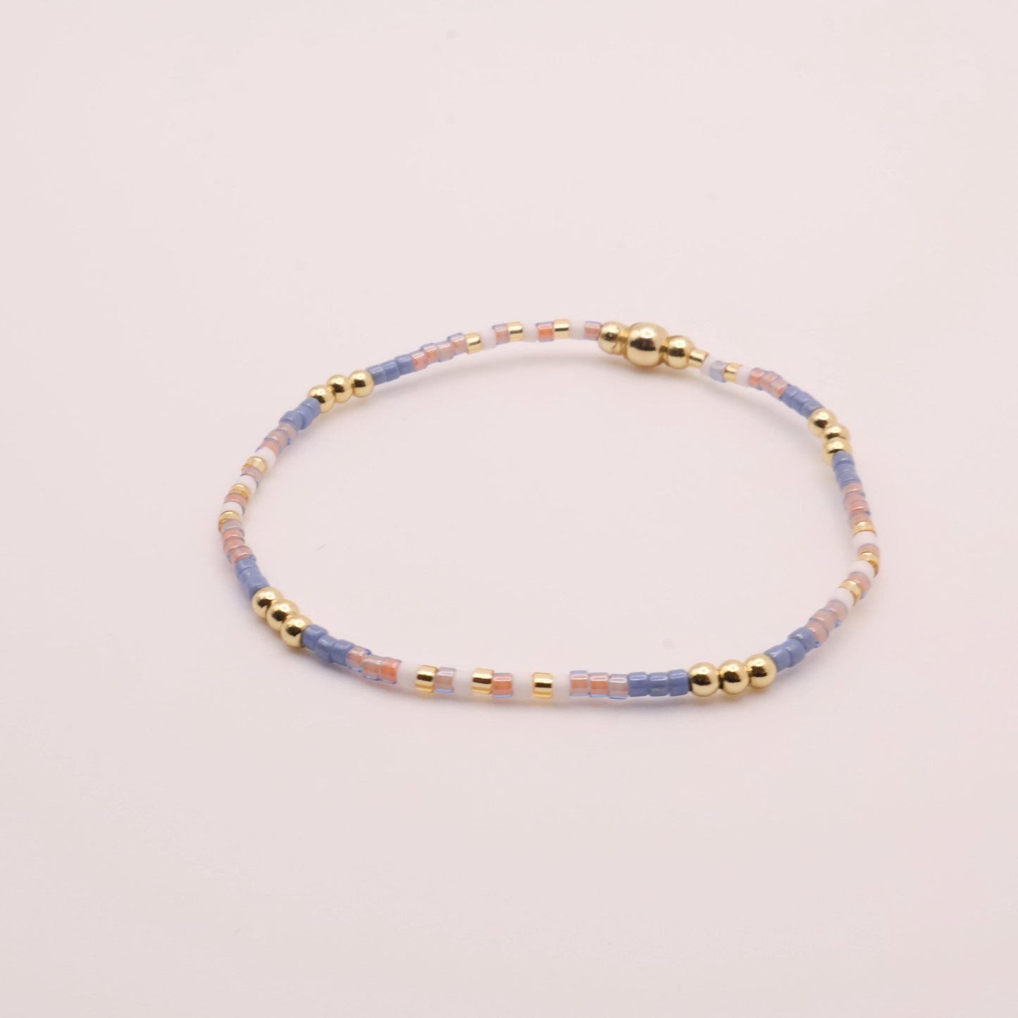 Denim & White Beaded 3 Piece Stack| 18k Gold Filled Blue and White Pink Seed Bead Bracelet Stack| Tiny Bead Bracelet