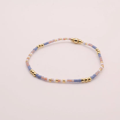 Denim & White Beaded 3 Piece Stack| 18k Gold Filled Blue and White Pink Seed Bead Bracelet Stack| Tiny Bead Bracelet