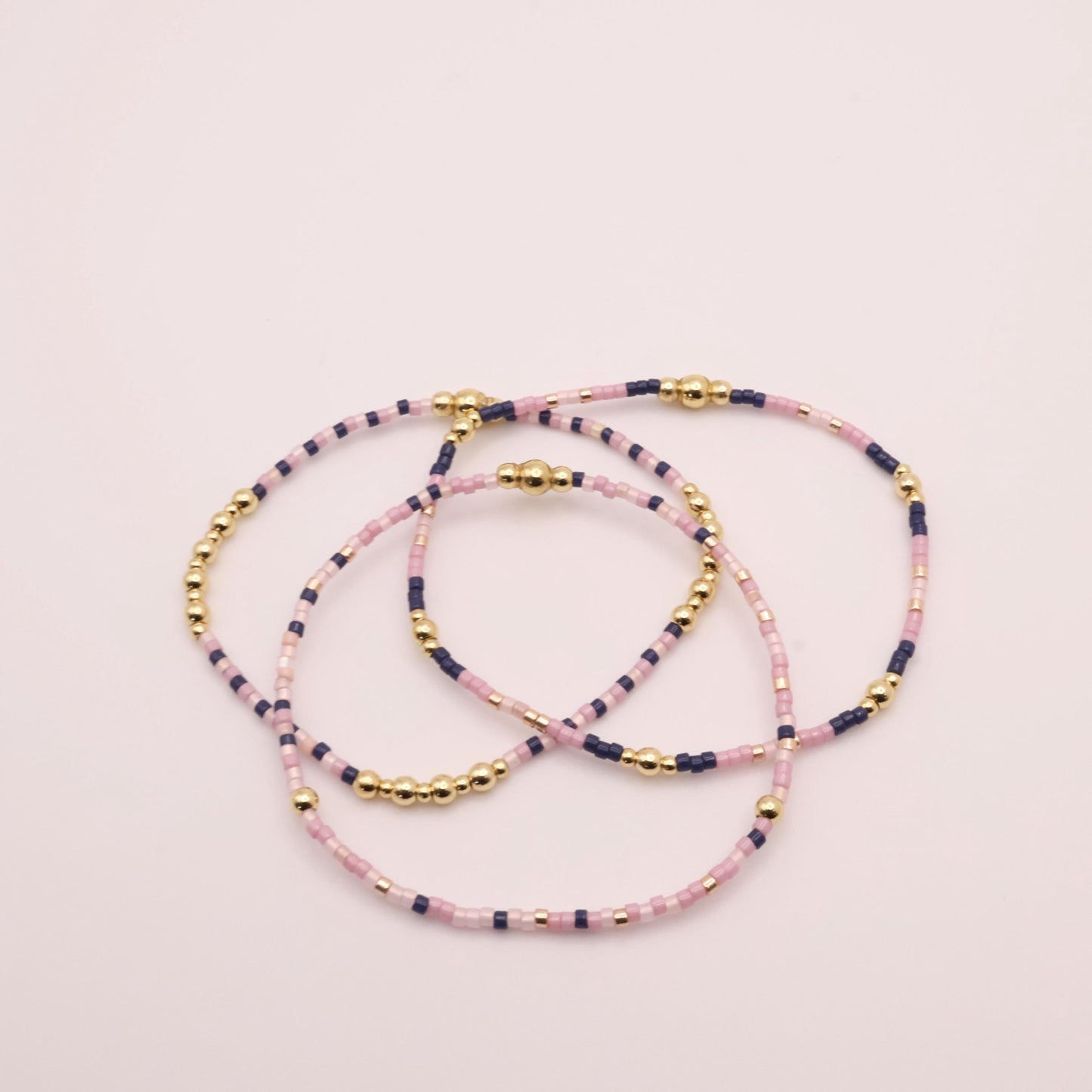 Pink & Navy Beaded 3 Piece Stack| 18k Gold Filled Navy and Dusty Pink Seed Bead Bracelet Stack| Tiny Bead Bracelet