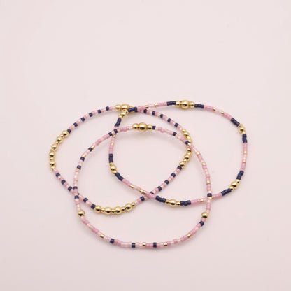 Pink & Navy Beaded 3 Piece Stack| 18k Gold Filled Navy and Dusty Pink Seed Bead Bracelet Stack| Tiny Bead Bracelet