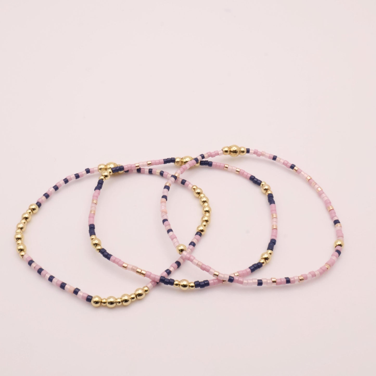 Pink & Navy Beaded 3 Piece Stack| 18k Gold Filled Navy and Dusty Pink Seed Bead Bracelet Stack| Tiny Bead Bracelet