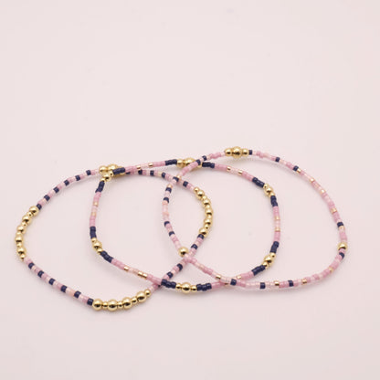 Pink & Navy Beaded 3 Piece Stack| 18k Gold Filled Navy and Dusty Pink Seed Bead Bracelet Stack| Tiny Bead Bracelet