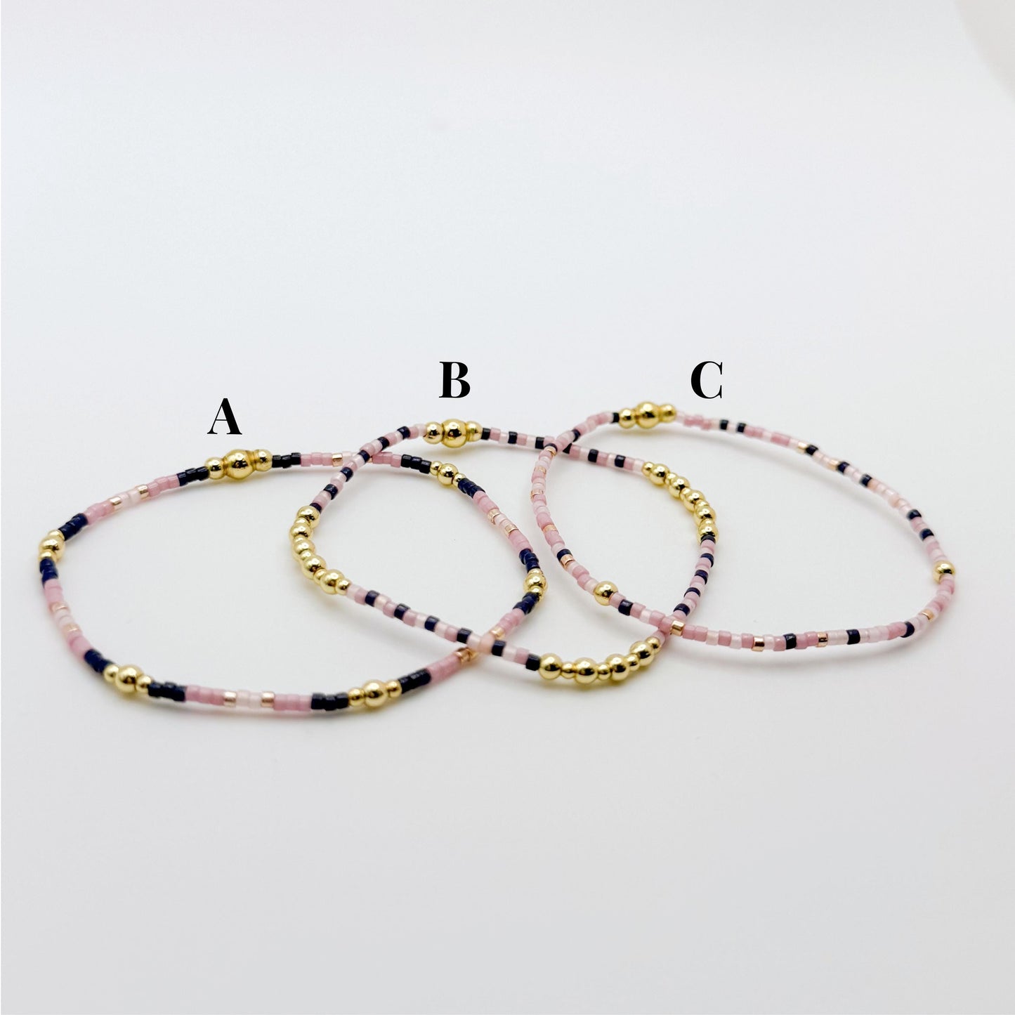 Pink & Navy Beaded 3 Piece Stack| 18k Gold Filled Navy and Dusty Pink Seed Bead Bracelet Stack| Tiny Bead Bracelet