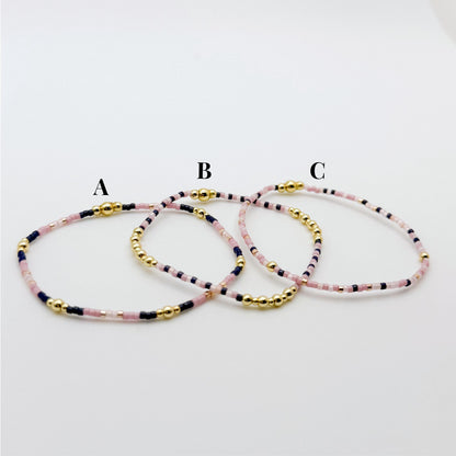 Pink & Navy Beaded 3 Piece Stack| 18k Gold Filled Navy and Dusty Pink Seed Bead Bracelet Stack| Tiny Bead Bracelet
