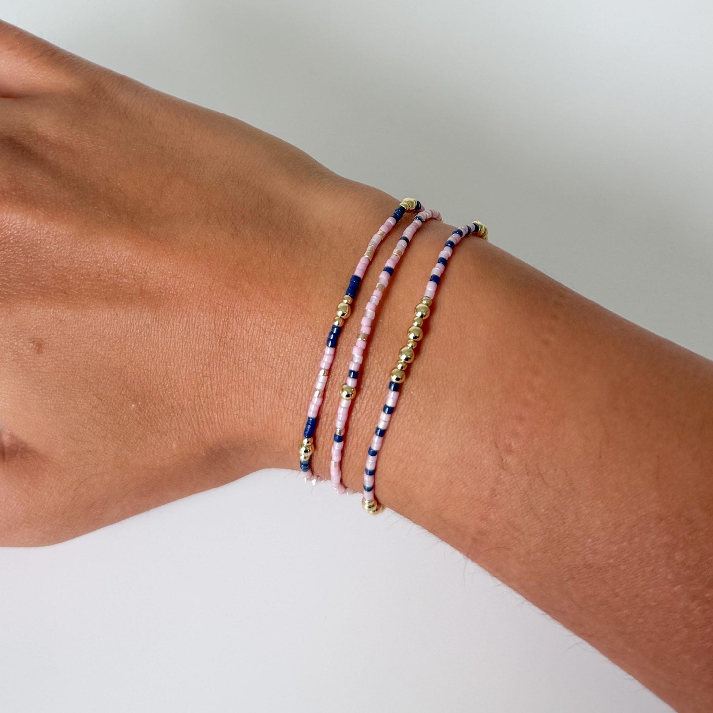Pink & Navy Beaded 3 Piece Stack| 18k Gold Filled Navy and Dusty Pink Seed Bead Bracelet Stack| Tiny Bead Bracelet