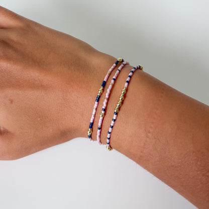 Pink & Navy Beaded 3 Piece Stack| 18k Gold Filled Navy and Dusty Pink Seed Bead Bracelet Stack| Tiny Bead Bracelet