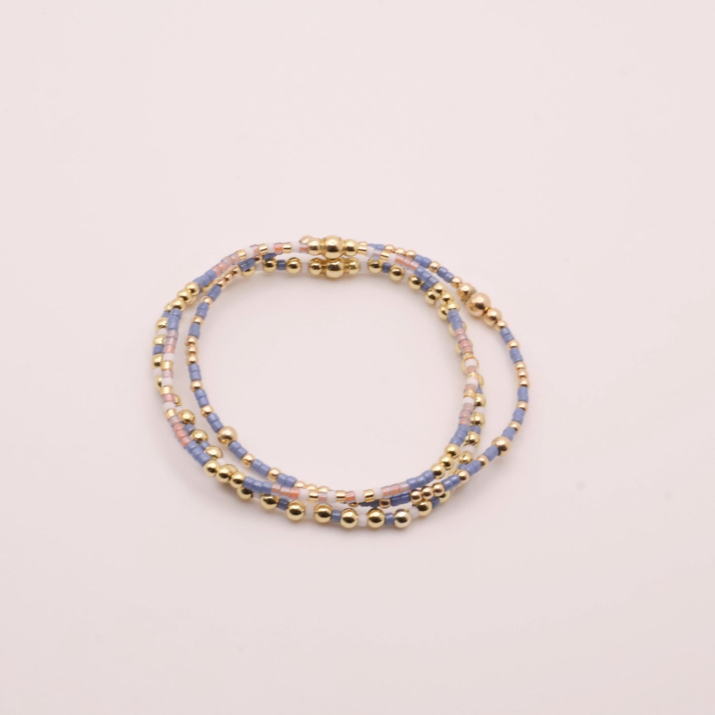 Denim & White Beaded 3 Piece Stack| 18k Gold Filled Blue and White Pink Seed Bead Bracelet Stack| Tiny Bead Bracelet