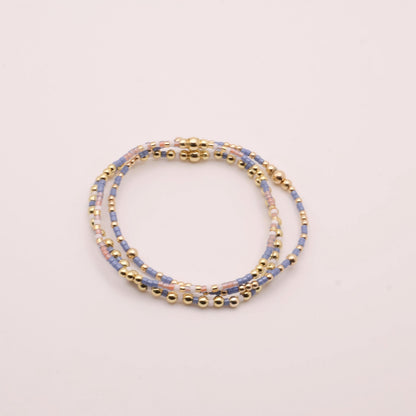 Denim & White Beaded 3 Piece Stack| 18k Gold Filled Blue and White Pink Seed Bead Bracelet Stack| Tiny Bead Bracelet