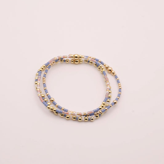 Denim & White Beaded 3 Piece Stack| 18k Gold Filled Blue and White Pink Seed Bead Bracelet Stack| Tiny Bead Bracelet