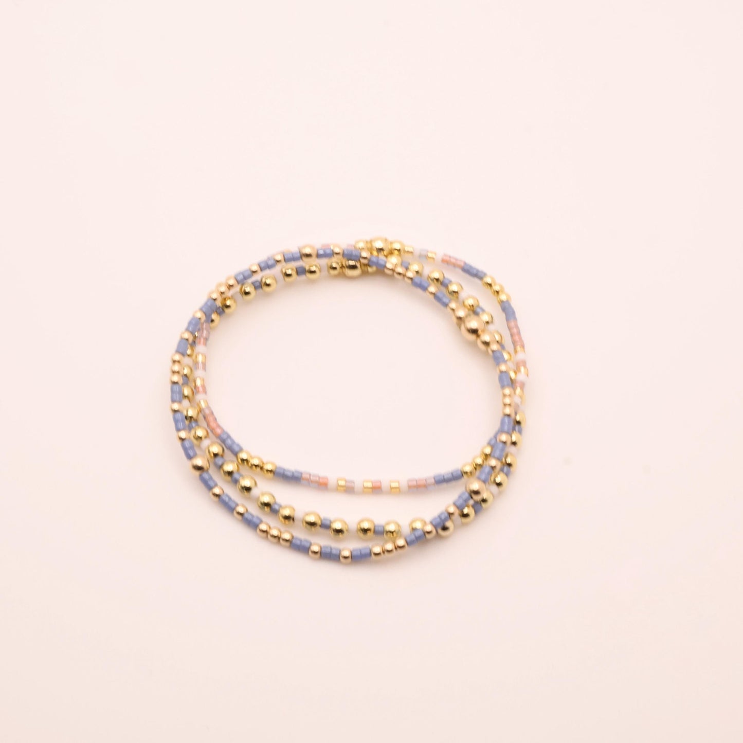 Denim & White Beaded 3 Piece Stack| 18k Gold Filled Blue and White Pink Seed Bead Bracelet Stack| Tiny Bead Bracelet