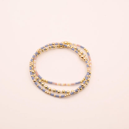Denim & White Beaded 3 Piece Stack| 18k Gold Filled Blue and White Pink Seed Bead Bracelet Stack| Tiny Bead Bracelet