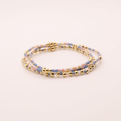 Denim & White Beaded 3 Piece Stack| 18k Gold Filled Blue and White Pink Seed Bead Bracelet Stack| Tiny Bead Bracelet