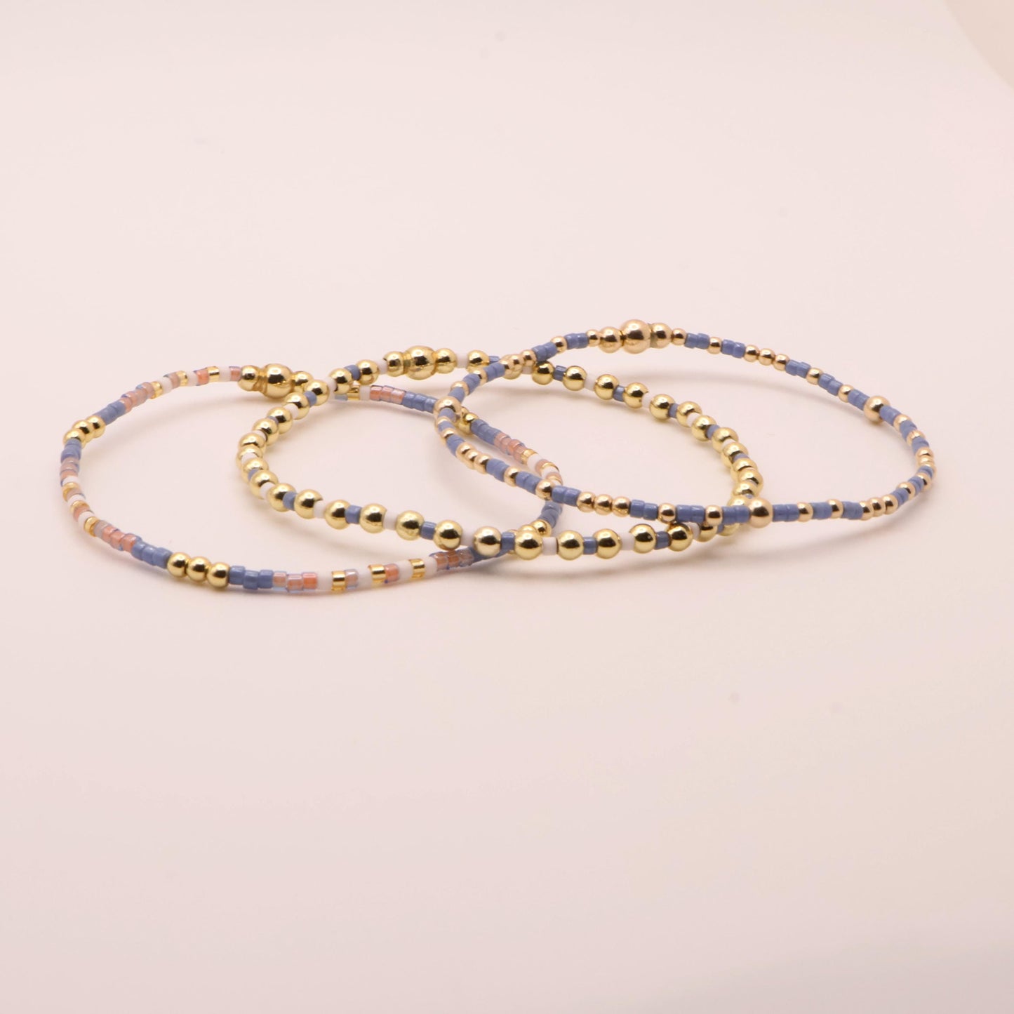 Denim & White Beaded 3 Piece Stack| 18k Gold Filled Blue and White Pink Seed Bead Bracelet Stack| Tiny Bead Bracelet