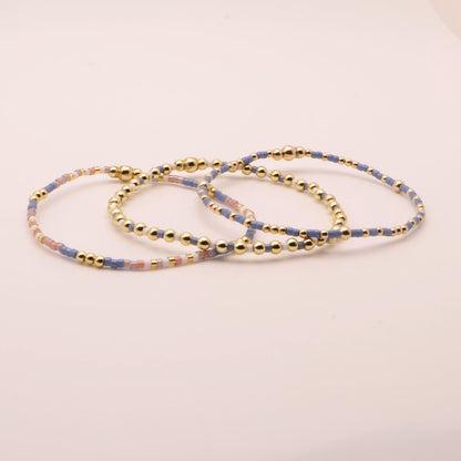 Denim & White Beaded 3 Piece Stack| 18k Gold Filled Blue and White Pink Seed Bead Bracelet Stack| Tiny Bead Bracelet