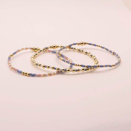 Denim & White Beaded 3 Piece Stack| 18k Gold Filled Blue and White Pink Seed Bead Bracelet Stack| Tiny Bead Bracelet