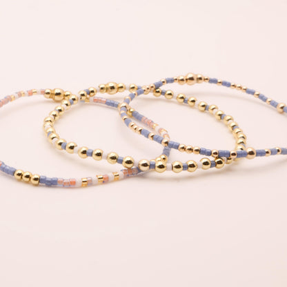 Denim & White Beaded 3 Piece Stack| 18k Gold Filled Blue and White Pink Seed Bead Bracelet Stack| Tiny Bead Bracelet