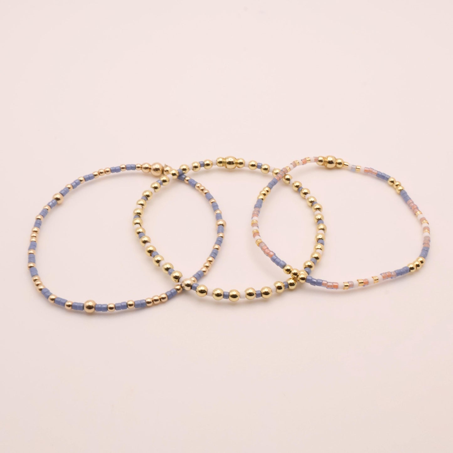 Denim & White Beaded 3 Piece Stack| 18k Gold Filled Blue and White Pink Seed Bead Bracelet Stack| Tiny Bead Bracelet