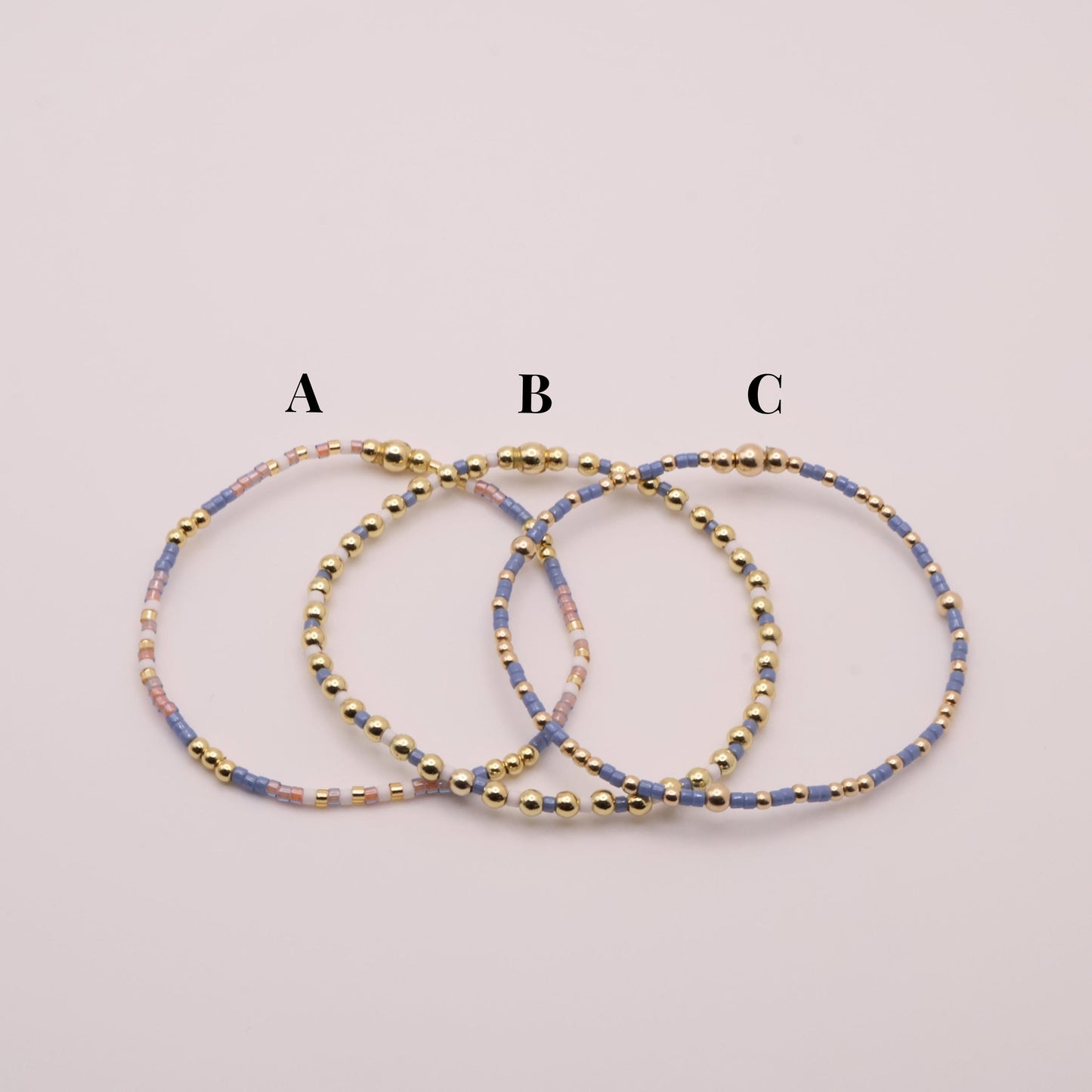 Denim & White Beaded 3 Piece Stack| 18k Gold Filled Blue and White Pink Seed Bead Bracelet Stack| Tiny Bead Bracelet