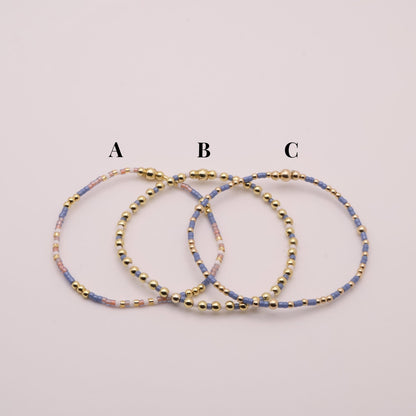 Denim & White Beaded 3 Piece Stack| 18k Gold Filled Blue and White Pink Seed Bead Bracelet Stack| Tiny Bead Bracelet