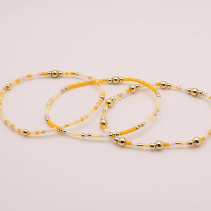 Yellow Beaded 3 Piece Stack| 18k Gold Filled Light Yellow and White  Seed Bead Bracelet Stack| Tiny Bead Bracelet