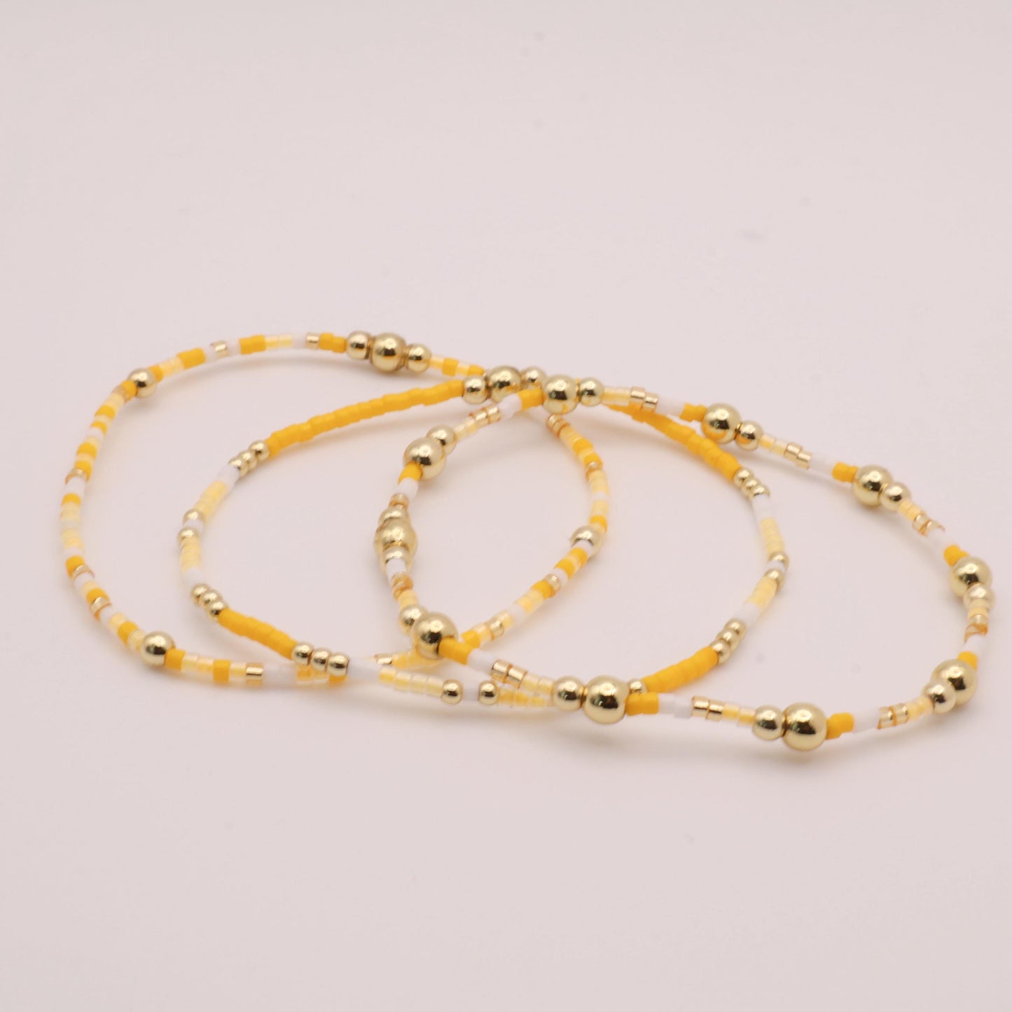 Yellow Beaded 3 Piece Stack| 18k Gold Filled Light Yellow and White  Seed Bead Bracelet Stack| Tiny Bead Bracelet