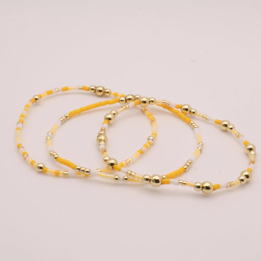 Yellow Beaded 3 Piece Stack| 18k Gold Filled Light Yellow and White  Seed Bead Bracelet Stack| Tiny Bead Bracelet