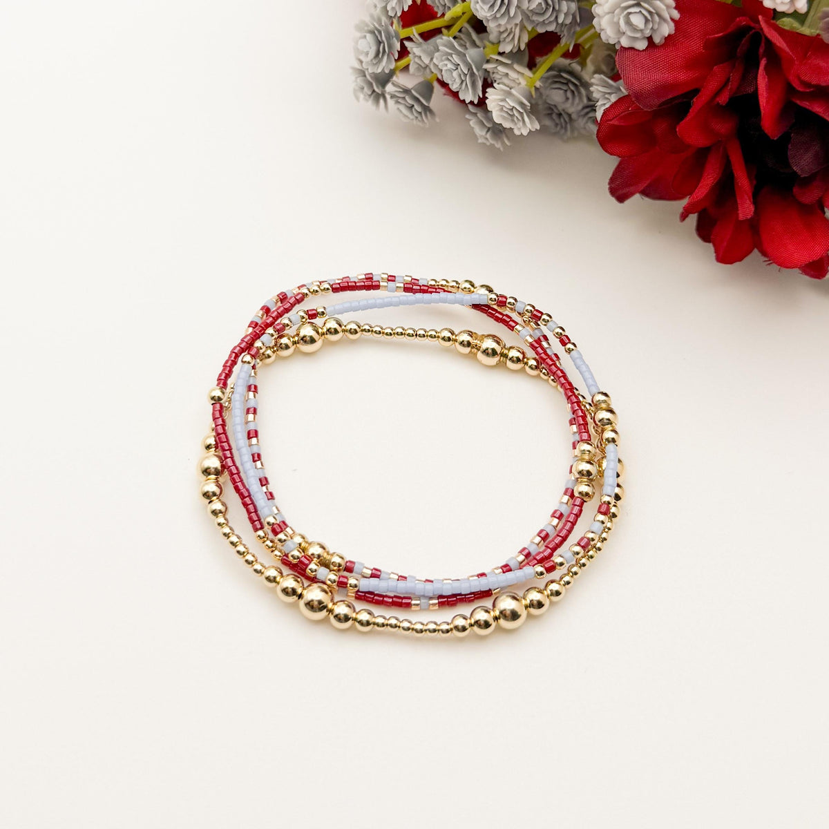 Signature Crimson Skies Stack | 14k Gold Filled Non-Tarnish Stack with Maroon and Sky Blue | Tiny Bead Trending Gold Stretch Bracelets |
