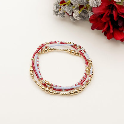Signature Crimson Skies Stack | 14k Gold Filled Non-Tarnish Stack with Maroon and Sky Blue | Tiny Bead Trending Gold Stretch Bracelets |