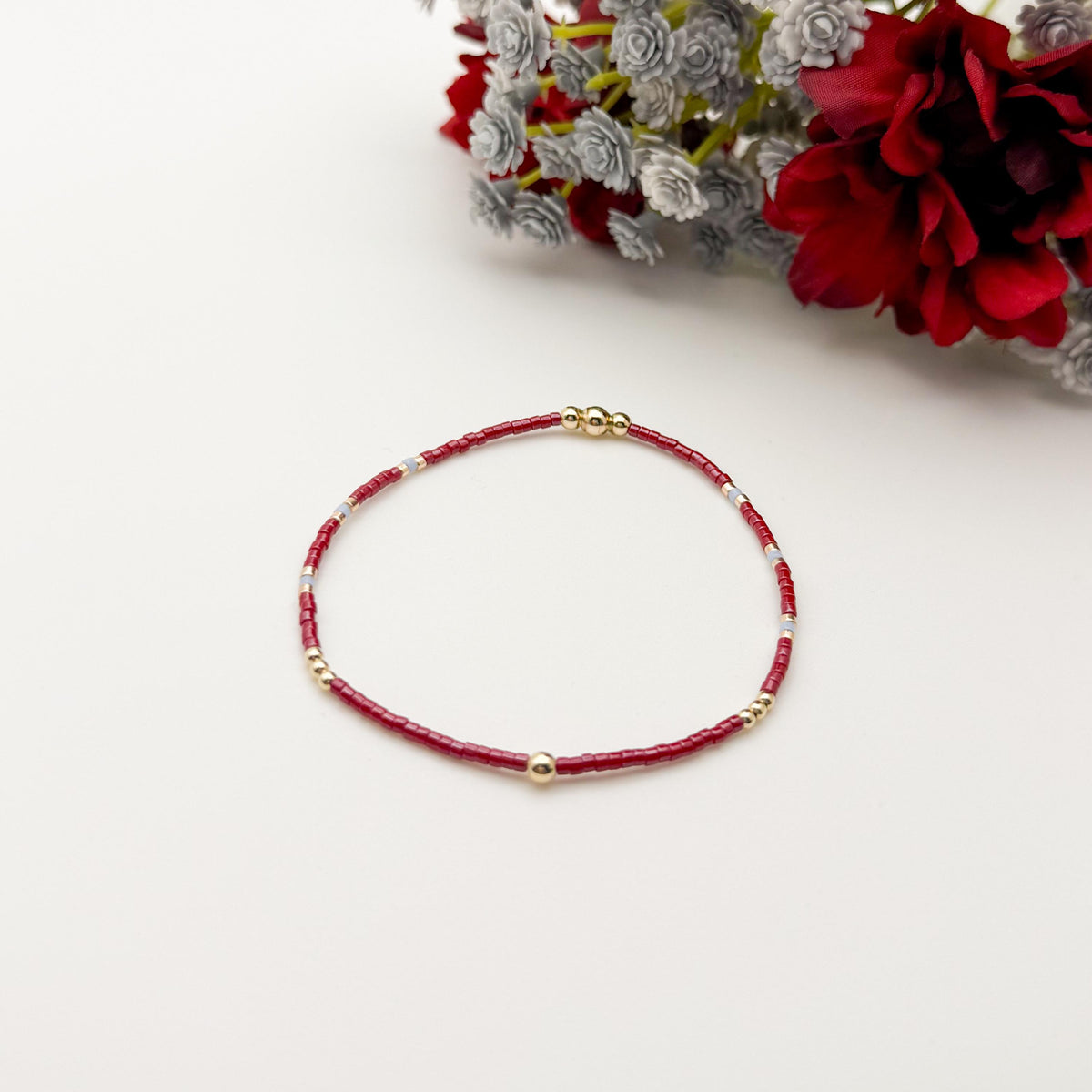 Signature Crimson Skies Stack | 14k Gold Filled Non-Tarnish Stack with Maroon and Sky Blue | Tiny Bead Trending Gold Stretch Bracelets |