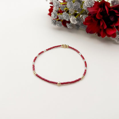 Signature Crimson Skies Stack | 14k Gold Filled Non-Tarnish Stack with Maroon and Sky Blue | Tiny Bead Trending Gold Stretch Bracelets |