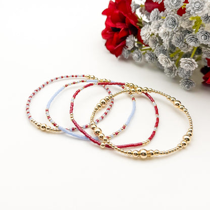Signature Crimson Skies Stack | 14k Gold Filled Non-Tarnish Stack with Maroon and Sky Blue | Tiny Bead Trending Gold Stretch Bracelets |