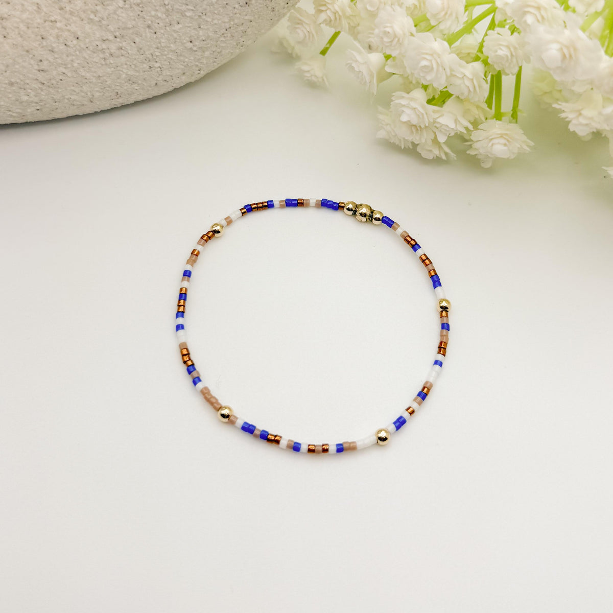 Signature Blue Jay Stack | 14k Gold Filled Non-Tarnish | Royal Blue and Brown Bracelet | Dainty Stretch Bracelet Stacks
