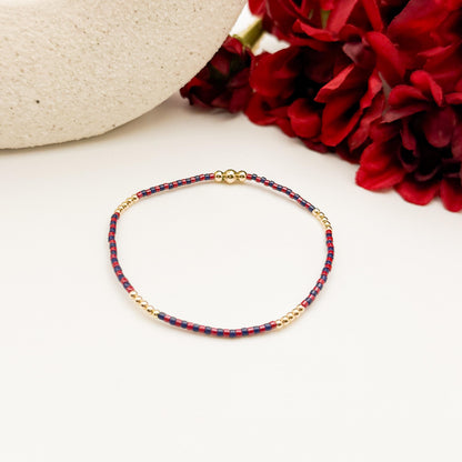 Signature Cranberry Stack | 14k Gold Filled Non-Tarnish with Navy and Maroon Tiny Beads | Stackable Bracelet Stack | Fall Bracelet Set